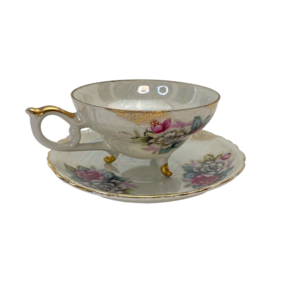 Tea Cup & Saucer Pearl Iridescent Tri-Footed Japan